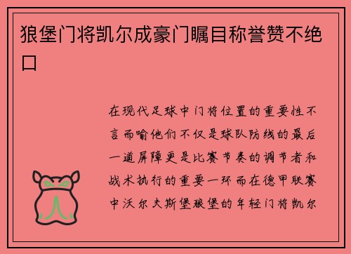 狼堡门将凯尔成豪门瞩目称誉赞不绝口