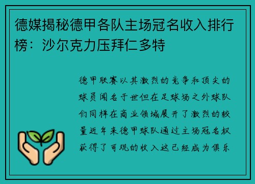 德媒揭秘德甲各队主场冠名收入排行榜：沙尔克力压拜仁多特